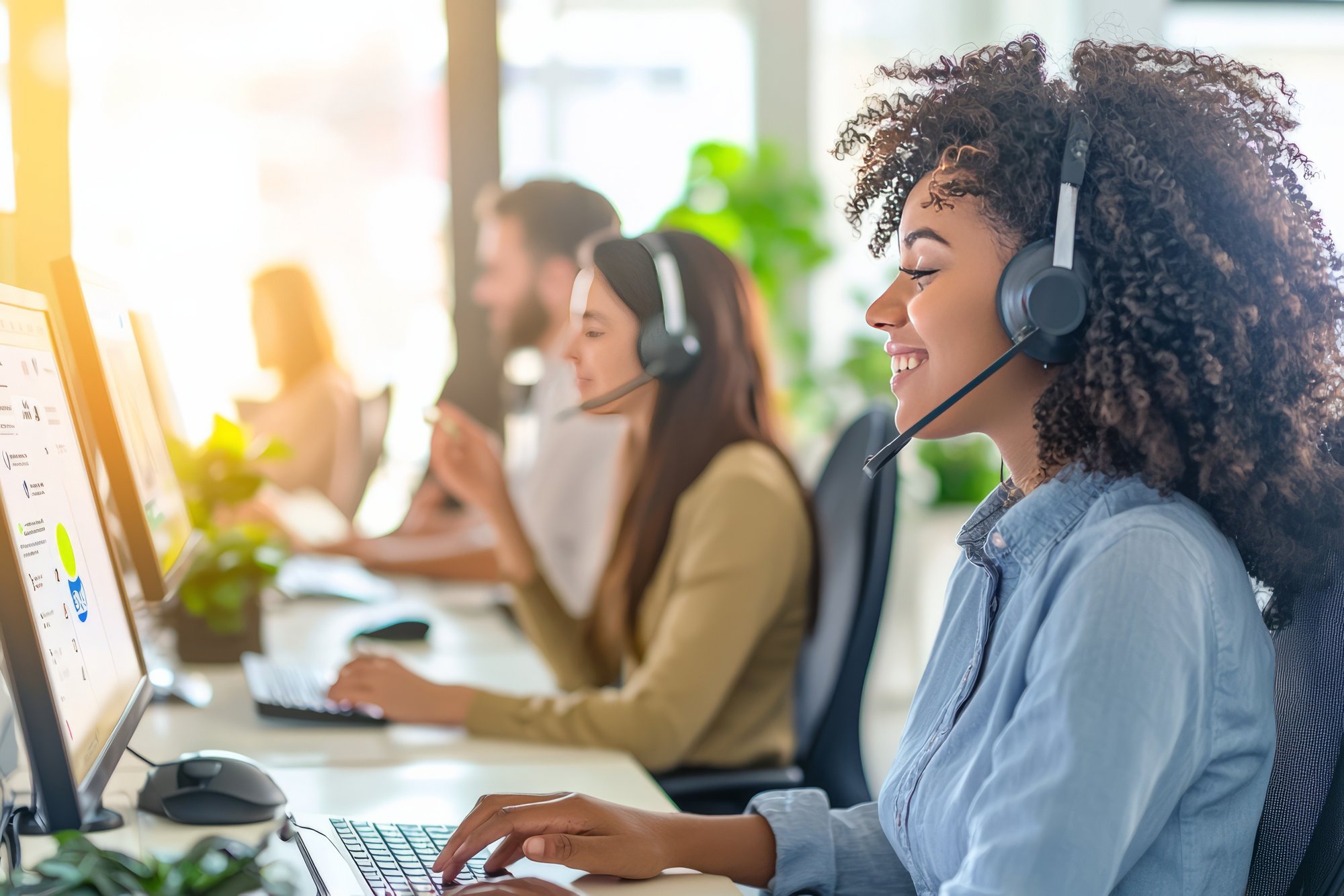 Woman with headset conducting a search.