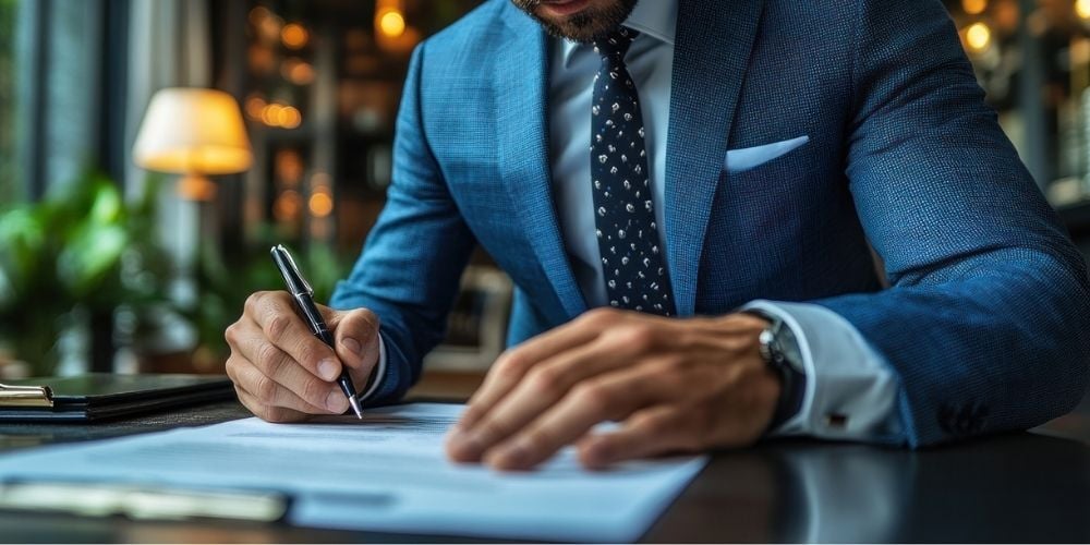 man in suit signing documents