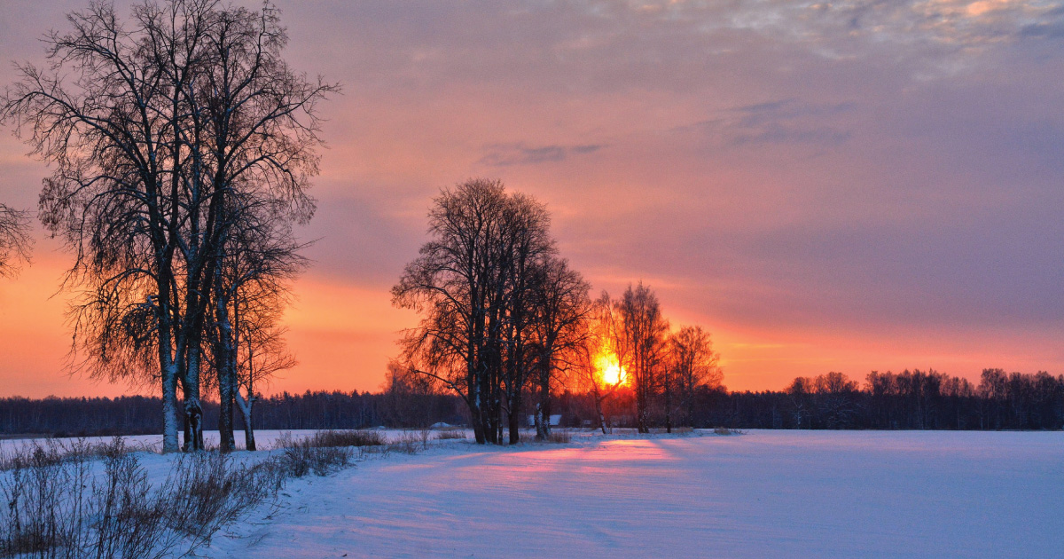 Sunset over snow covered field